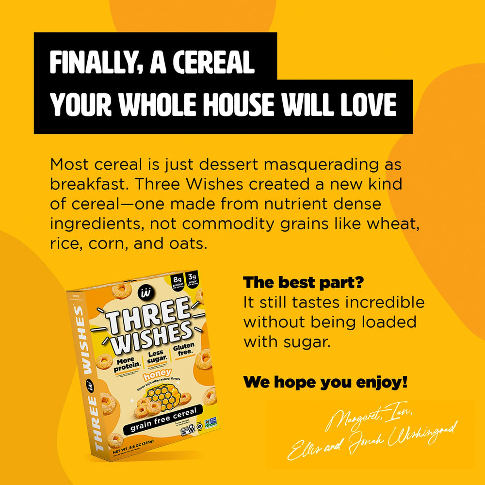 Three Wishes cereal box displaying vegan and non-GMO certifications for trust.