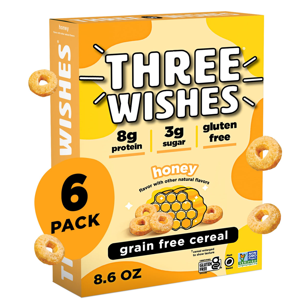Three Wishes honey-flavored cereal pieces in a bowl with milk, protein-rich breakfast option.