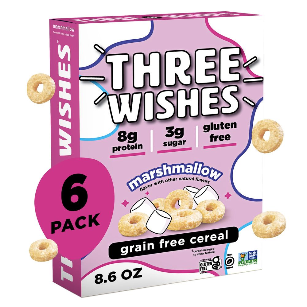 Three Wishes Marshmallow cereal box highlights gluten-free packaging and plant-based branding.