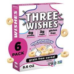 Three Wishes Marshmallow cereal box highlights gluten-free packaging and plant-based branding.