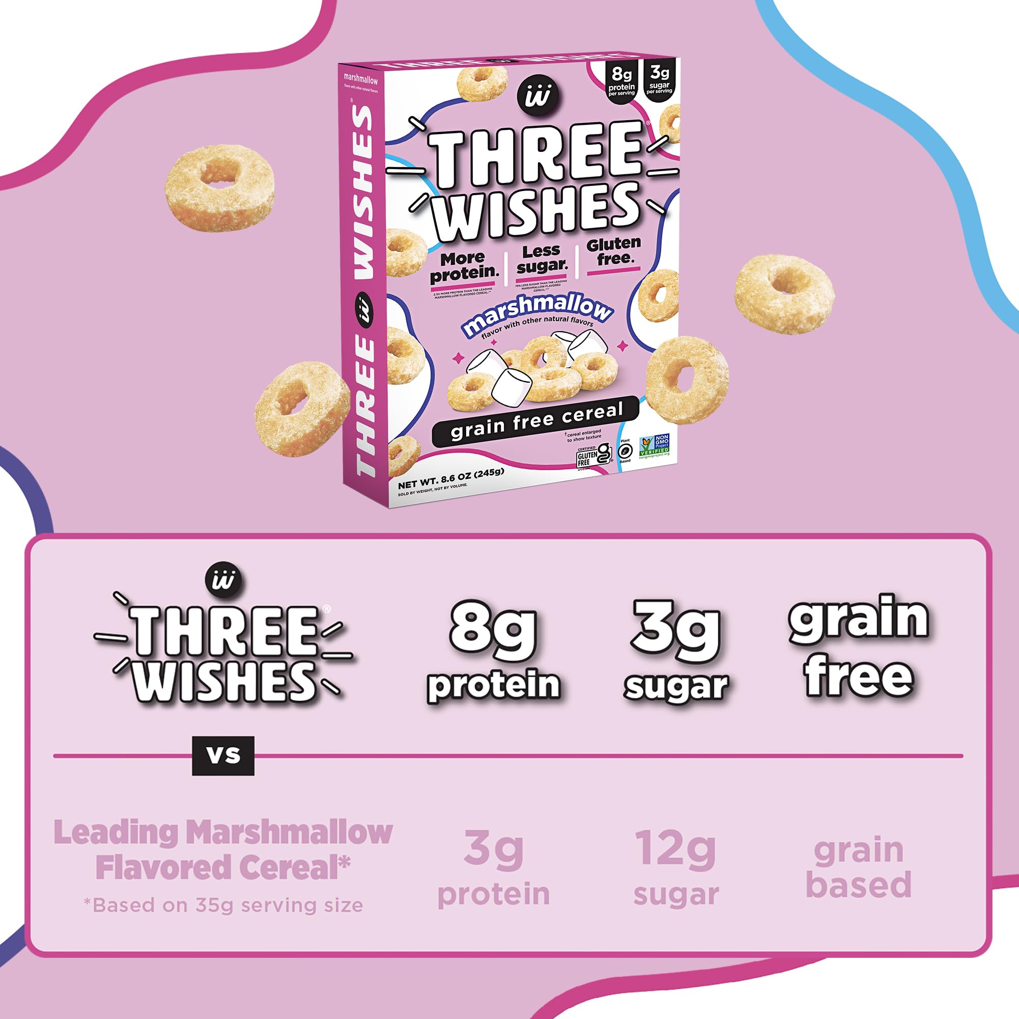 Three Wishes Marshmallow cereal ingredients emphasize plant-based, allergen-conscious composition.