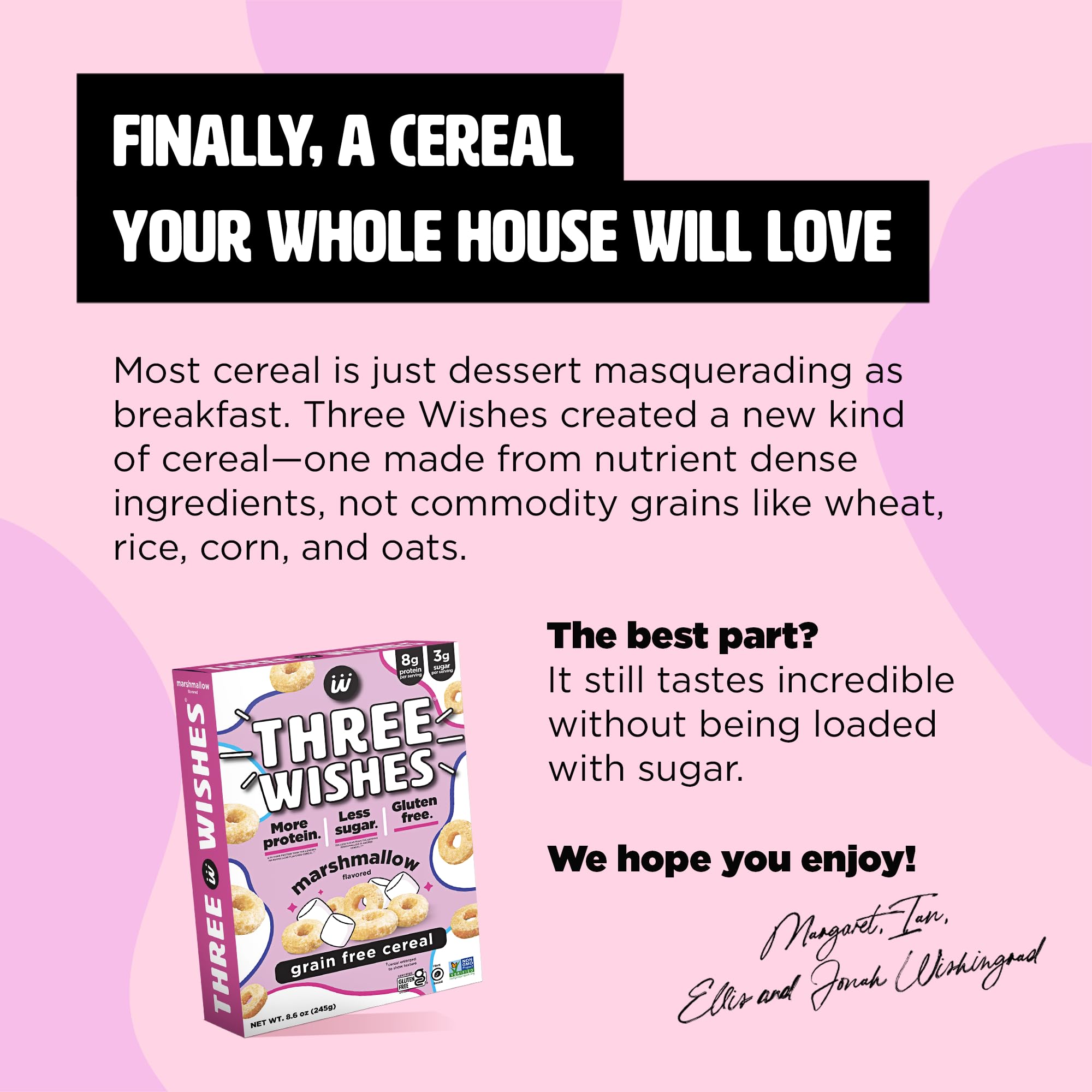 Three Wishes Marshmallow cereal six-pack boxes for family mornings.