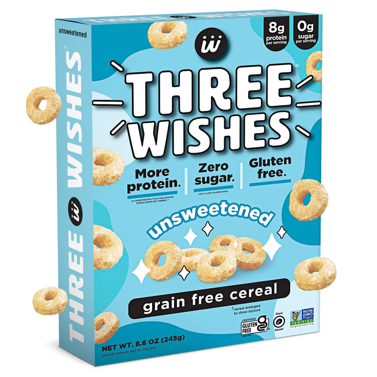 Three Wishes unsweetened cereal box front, protein-rich breakfast option.