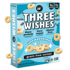 Three Wishes unsweetened cereal box front, protein-rich breakfast option.