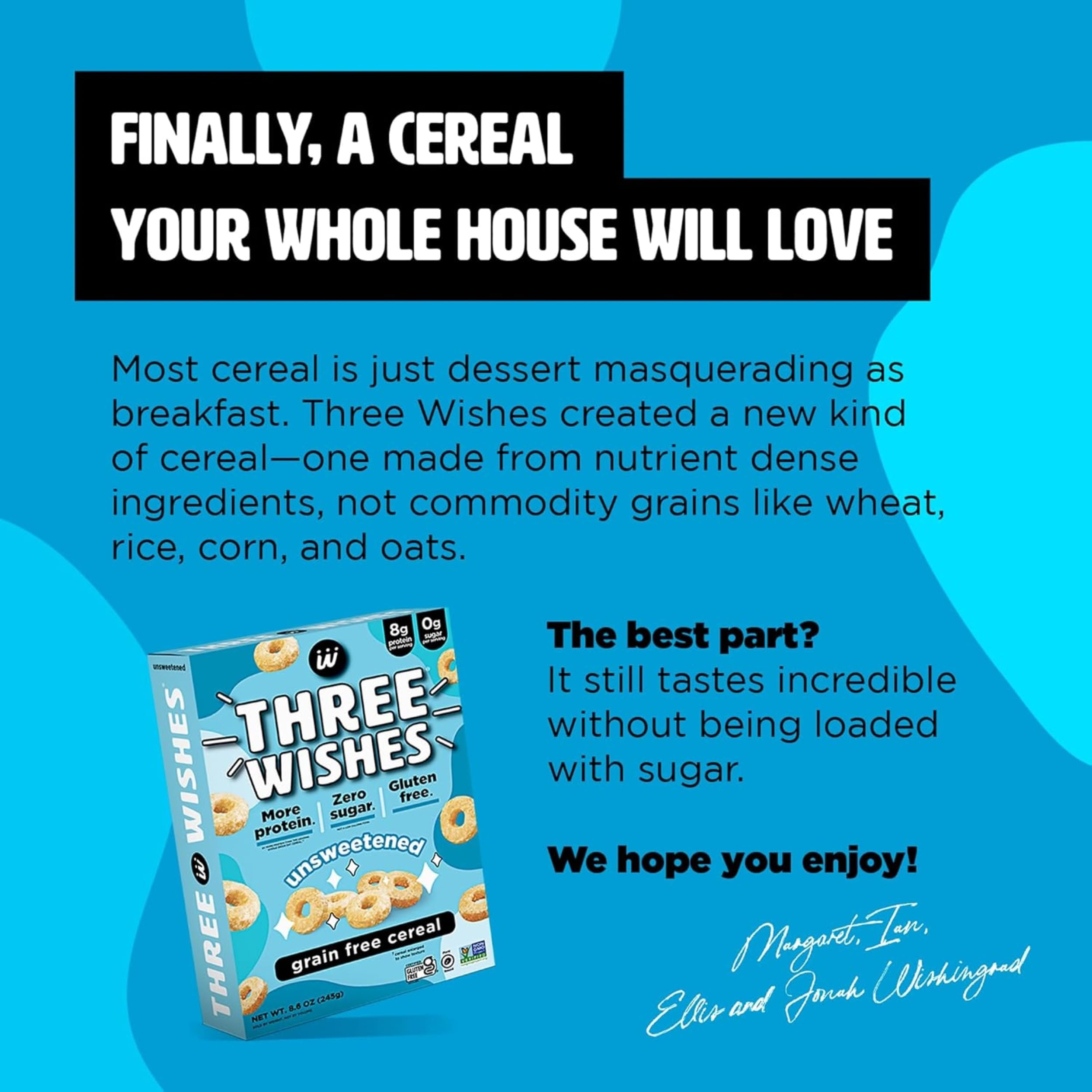 Serving idea with Three Wishes unsweetened cereal for quick, protein-rich breakfast.