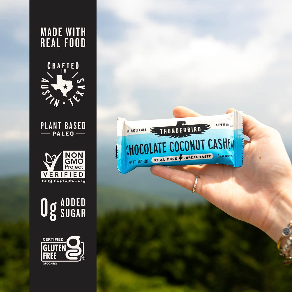 Thunderbird Real Food Bars ingredients close-up shows dates and nuts for natural energy.