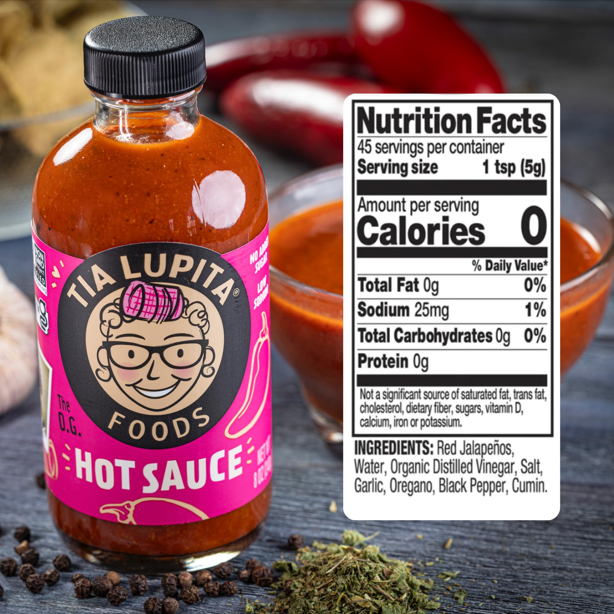 TIA LUPITA hot sauce pack-2 label close-up, gluten-free and non-GMO ingredients