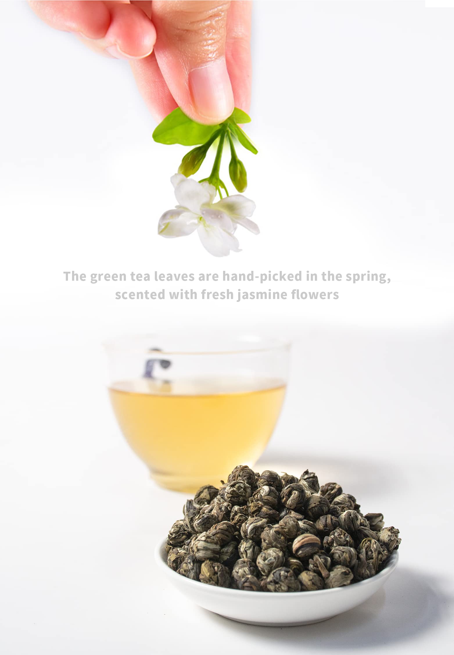 Tian Hu Shan Jasmine Dragon Pearls opened tin releasing fresh jasmine fragrance