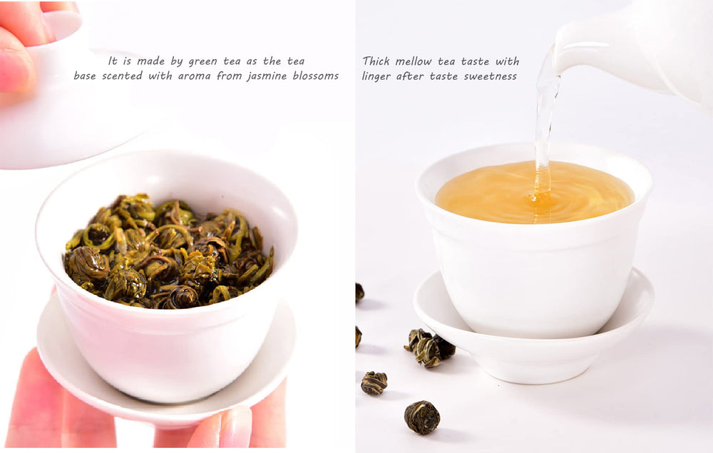 Tian Hu Shan Jasmine Dragon Pearls pearl-shaped leaves highlighting delicate green tea inside