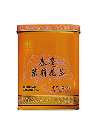 Loose-leaf jasmine green tea from Tian Hu Shan reveals fragrant, clear infusion.