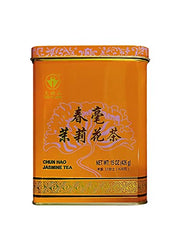 Loose-leaf jasmine green tea from Tian Hu Shan reveals fragrant, clear infusion.