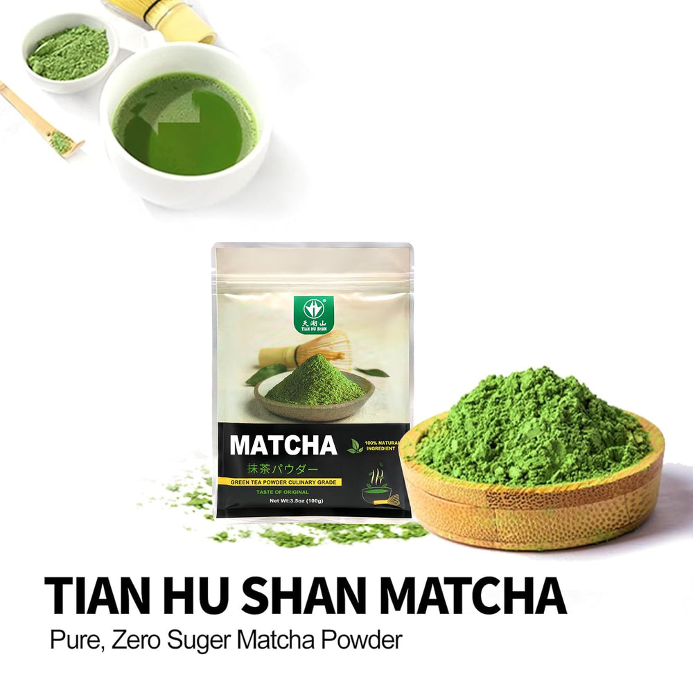Tian Hu Shan matcha powder used in a traditional tea ceremony setup