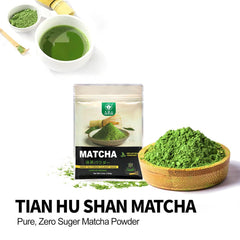 Tian Hu Shan matcha powder used in a traditional tea ceremony setup