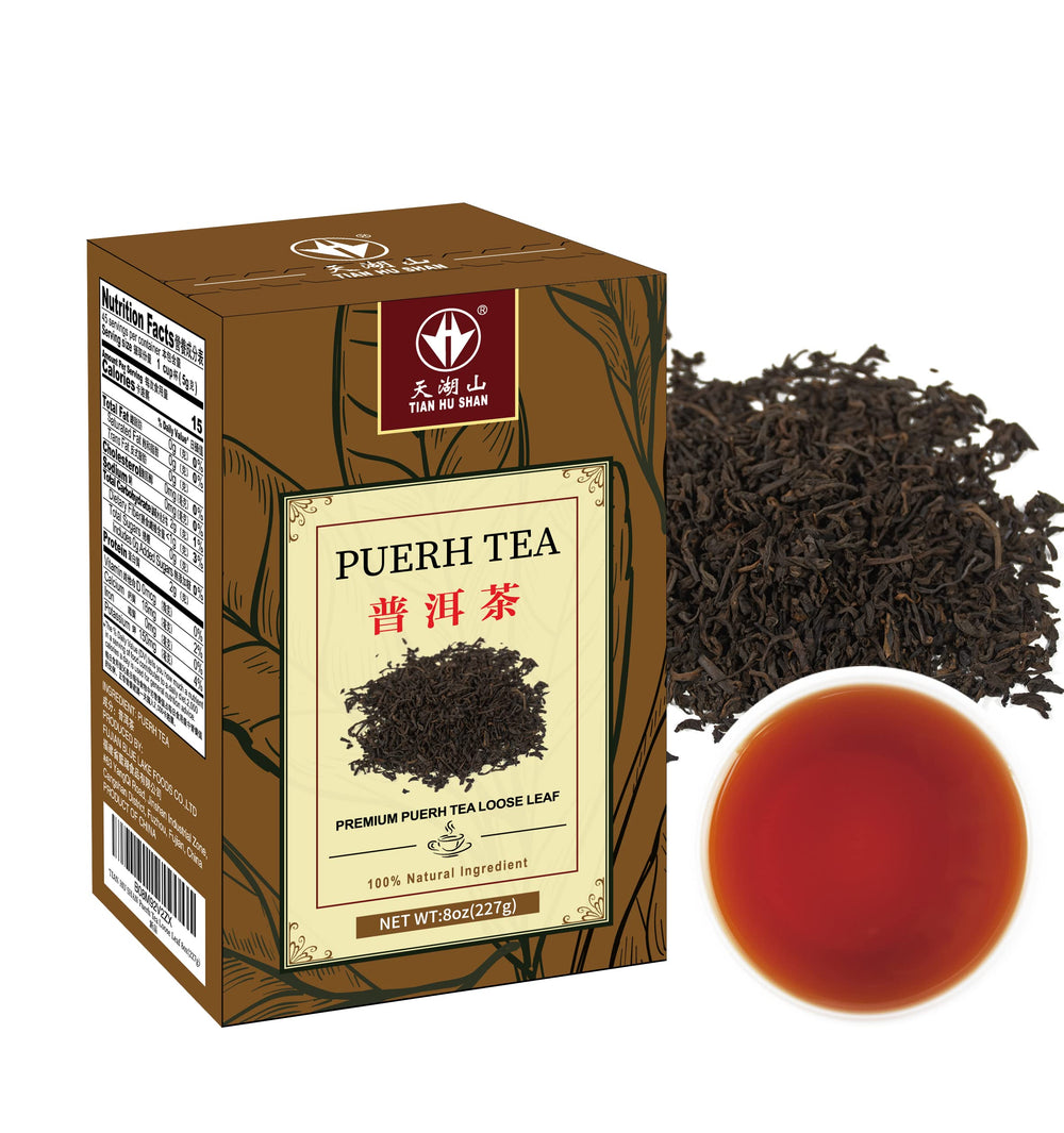 Tian Hu Shan Puerh loose leaf tea ready to brew for a full-bodied cup.
