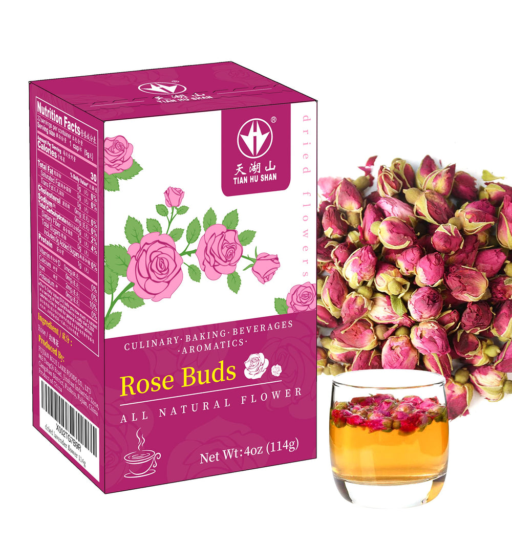 Tian Hu Shan Rose Tea loose buds in a 4 oz pack for natural caffeine-free brews.