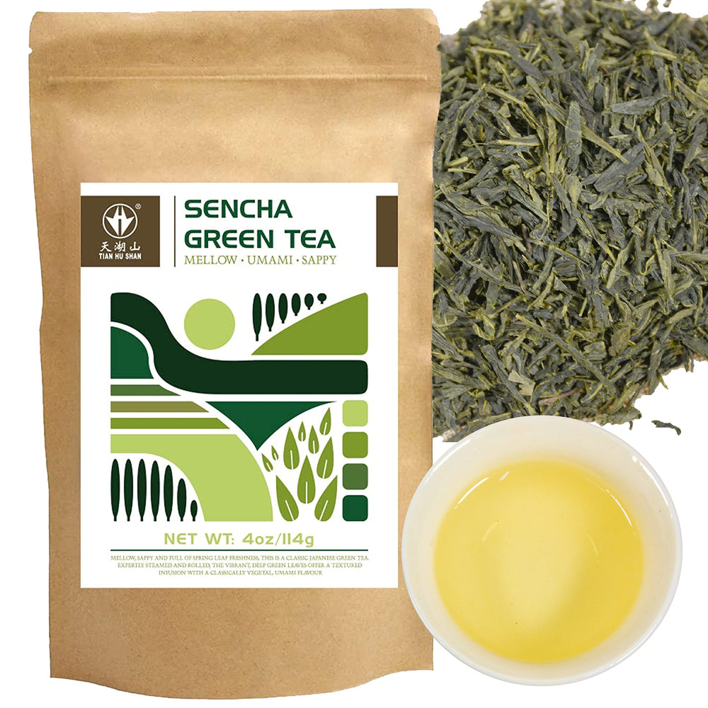 Tian Hu Shan Sencha Green Tea loose-leaf unfurls for rich aroma