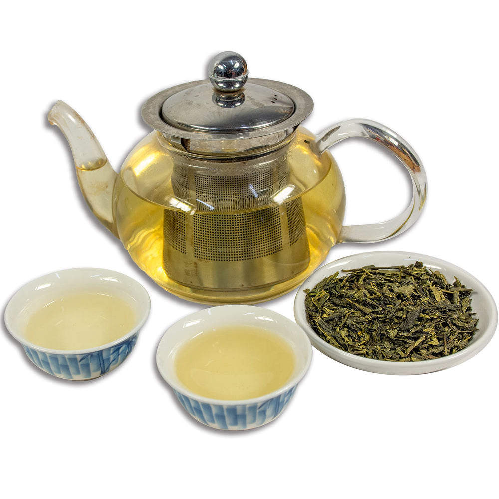 Tian Hu Shan Sencha Green Tea leaves unfurling in hot water for depth
