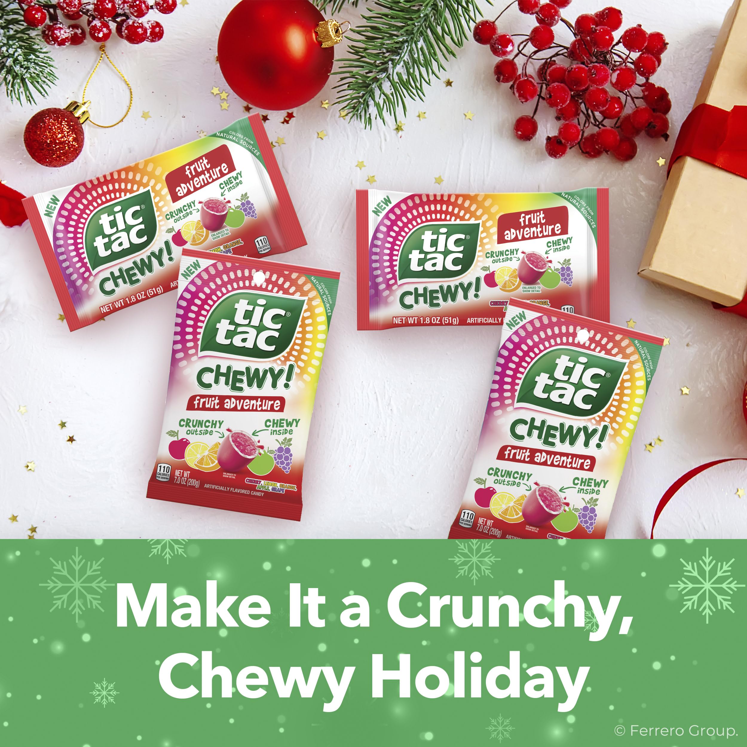 TIC TAC CHEWY Fruit Adventure orange flavor close-up, showing crunchy outside and chewy center.