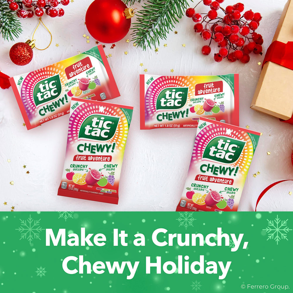 TIC TAC CHEWY Fruit Adventure orange flavor close-up, showing crunchy outside and chewy center.