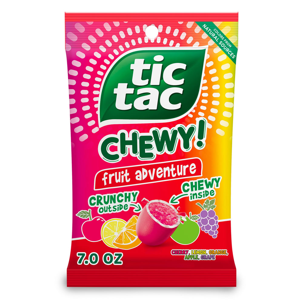 Tic Tac Chewy Fruit Adventure packaging, portable 7-ounce bag for on-the-go snacking.