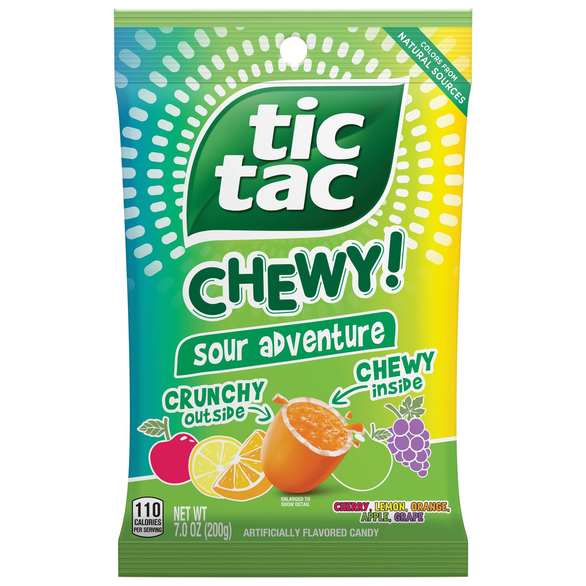 TIC TAC CHEWY Sour Adventure outside crunch close-up, showcasing a crunchy shell around fruity chew.