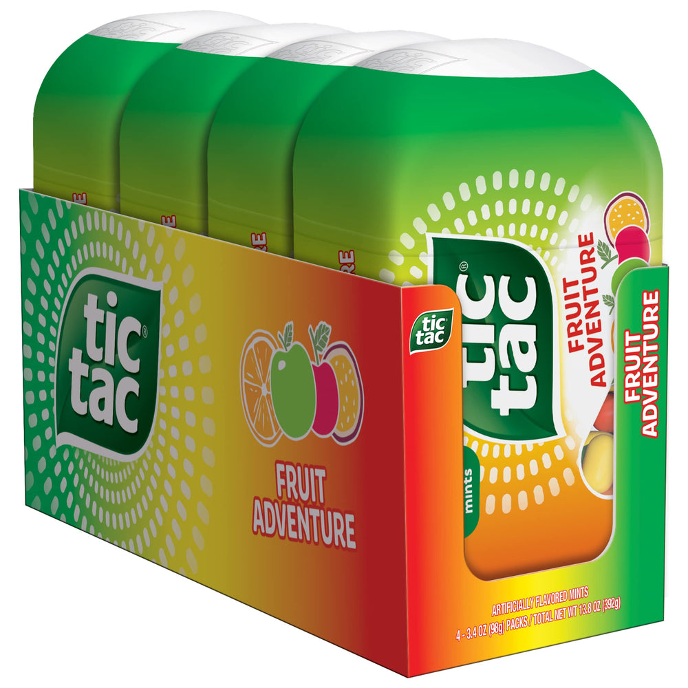 Tic Tac Fruit Adventure 4-bottle pack displayed for convenient on-the-go refreshment.