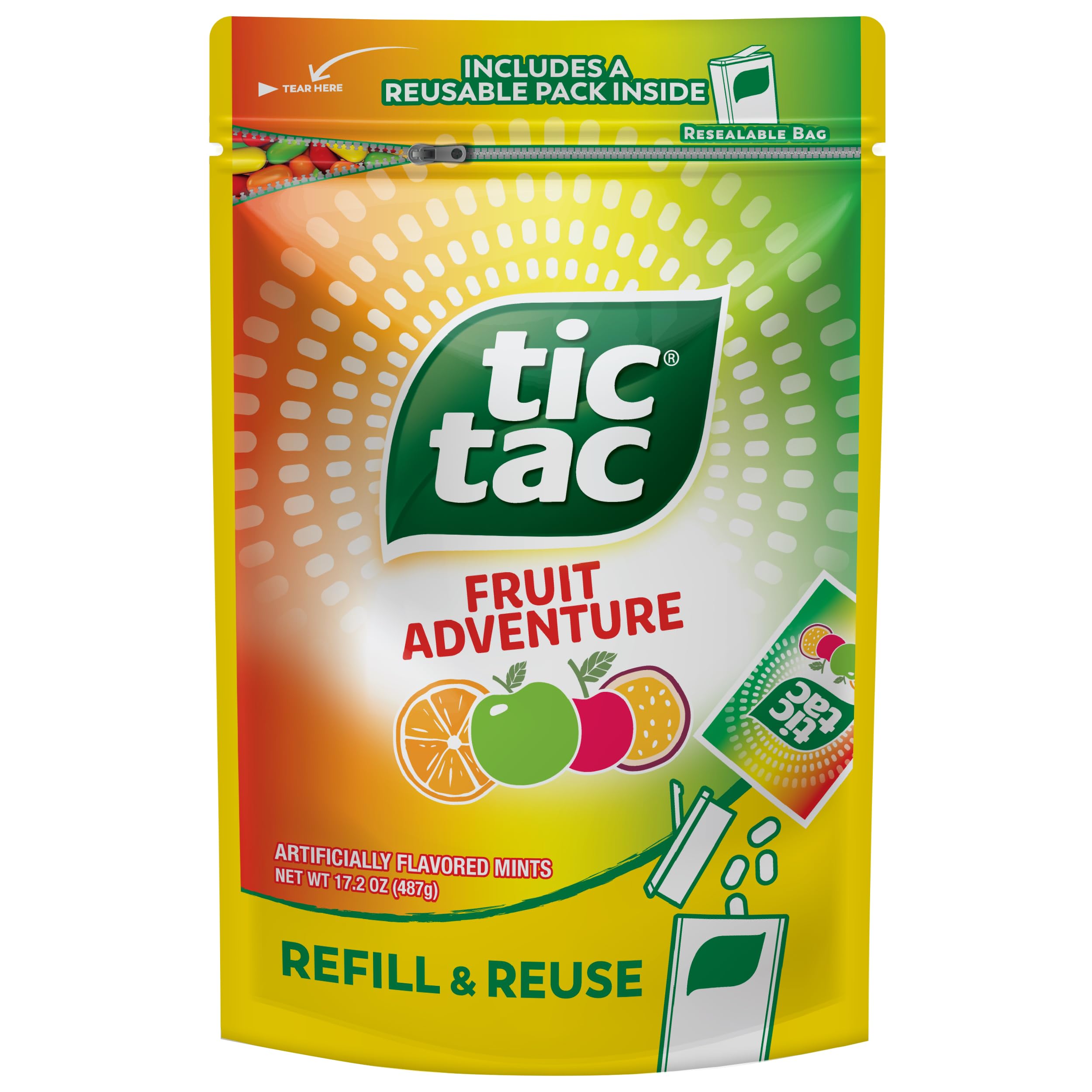 Tic Tac Fruit Adventure bulk bag 17.2 oz for on-the-go freshness with refill capability.