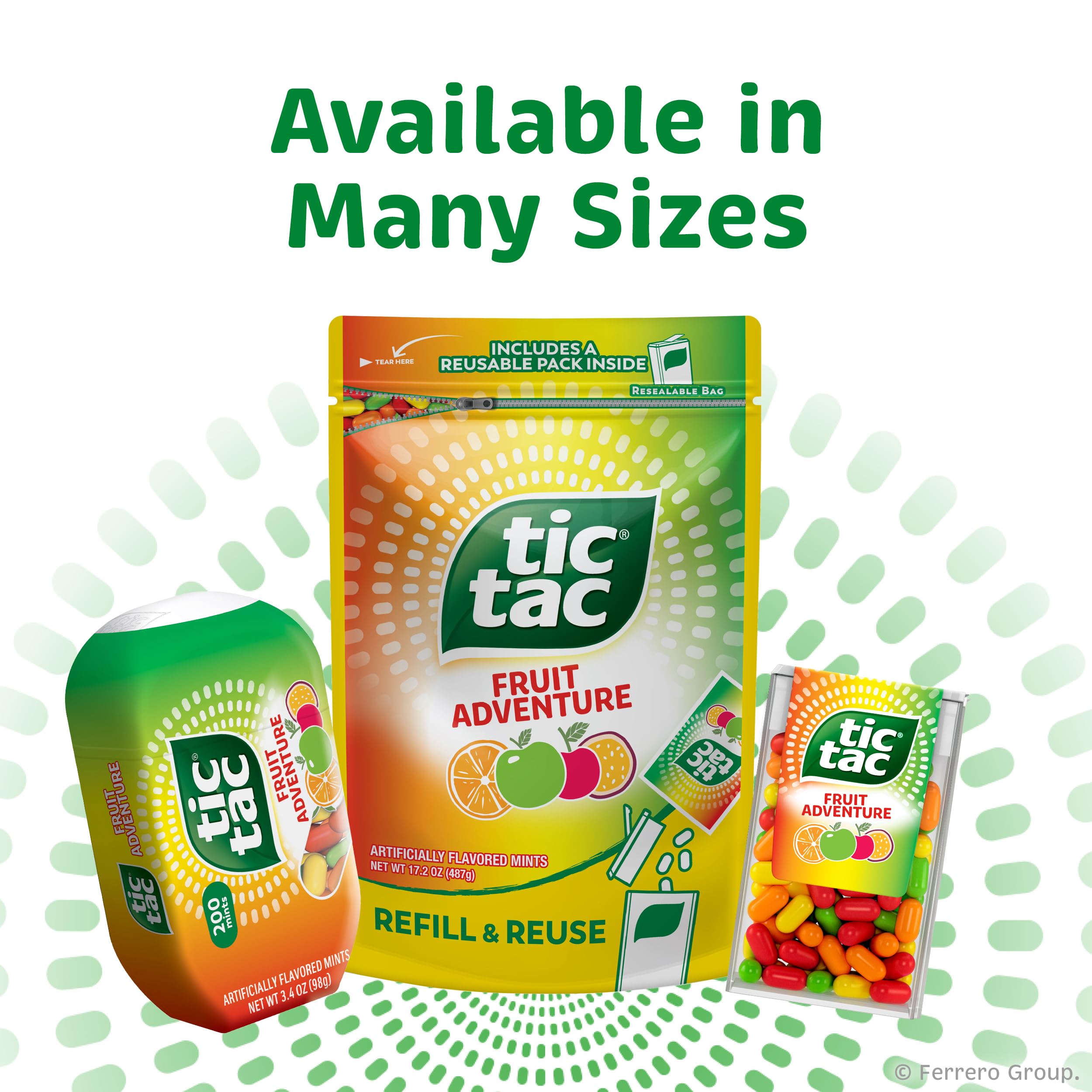 Tic Tac Fruit Adventure gluten-free and GMO-free mint option.