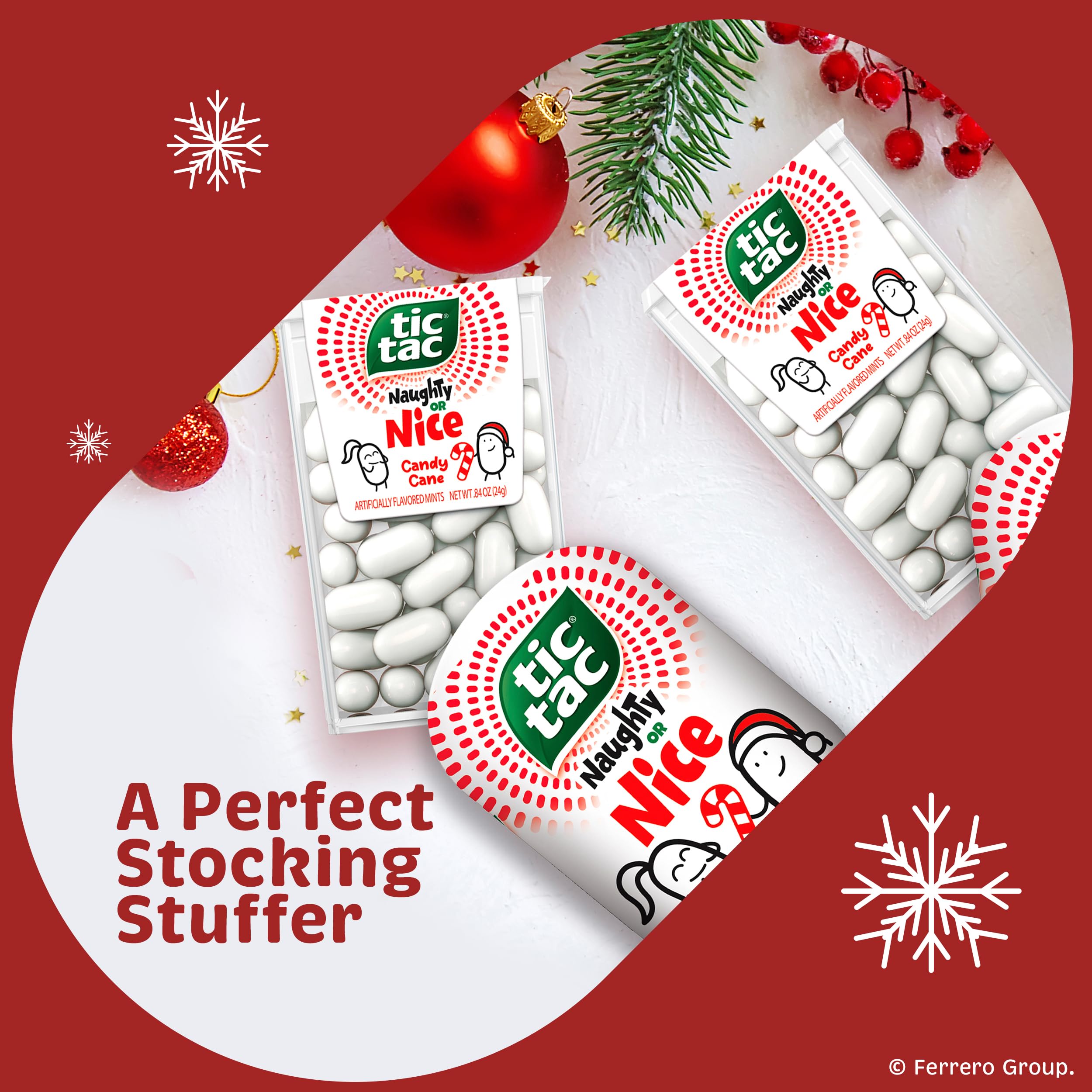 Limited-edition Candy Cane flavor branding on Tic Tac pack for seasonal gifting