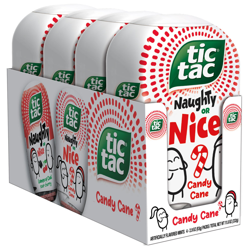 Tic Tac Naughty or Nice Candy Cane mints front view, portable refreshment for on-the-go