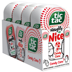 Tic Tac Naughty or Nice Candy Cane mints front view, portable refreshment for on-the-go