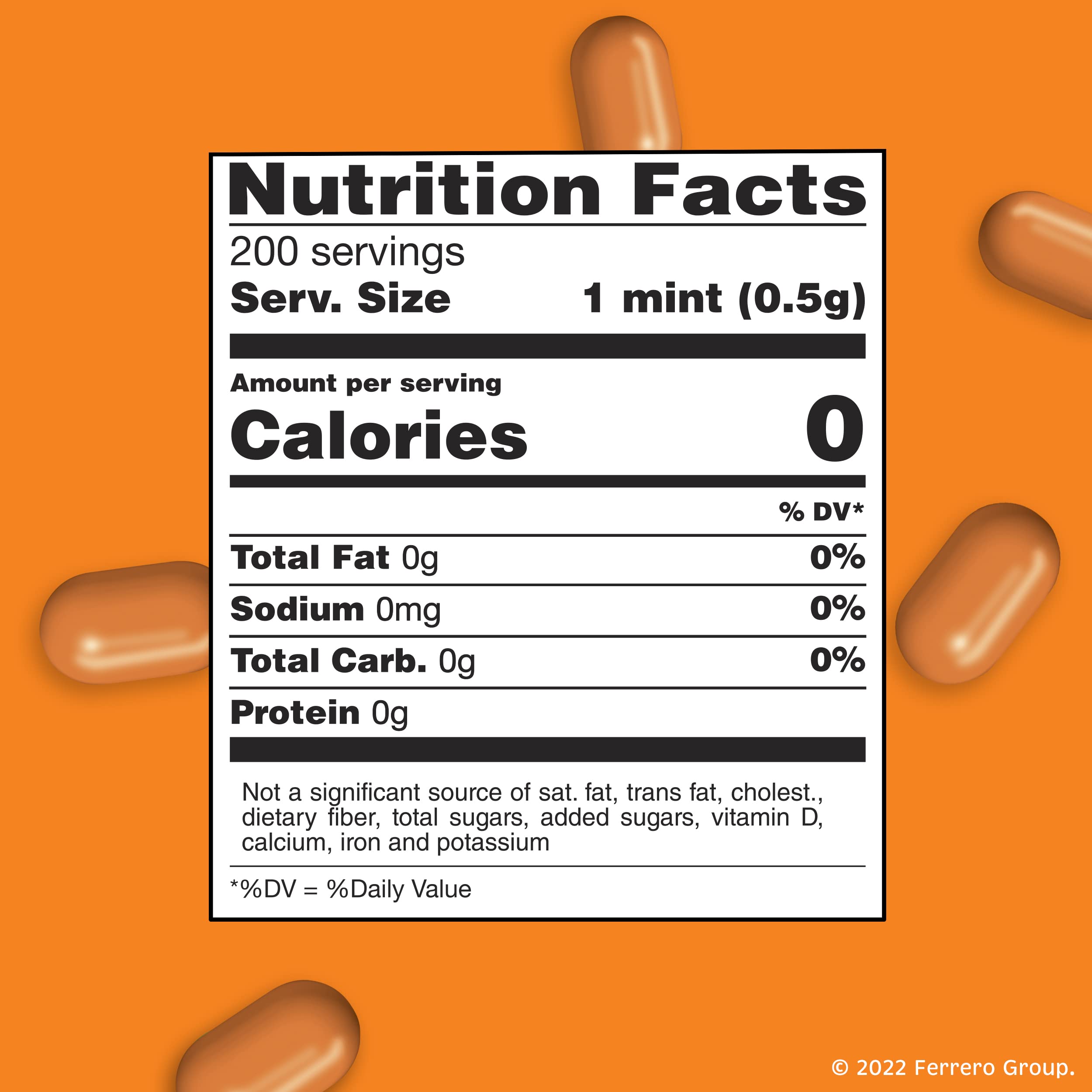Bright orange Tic Tac mints delivering a crisp, refreshing after meals flavor.