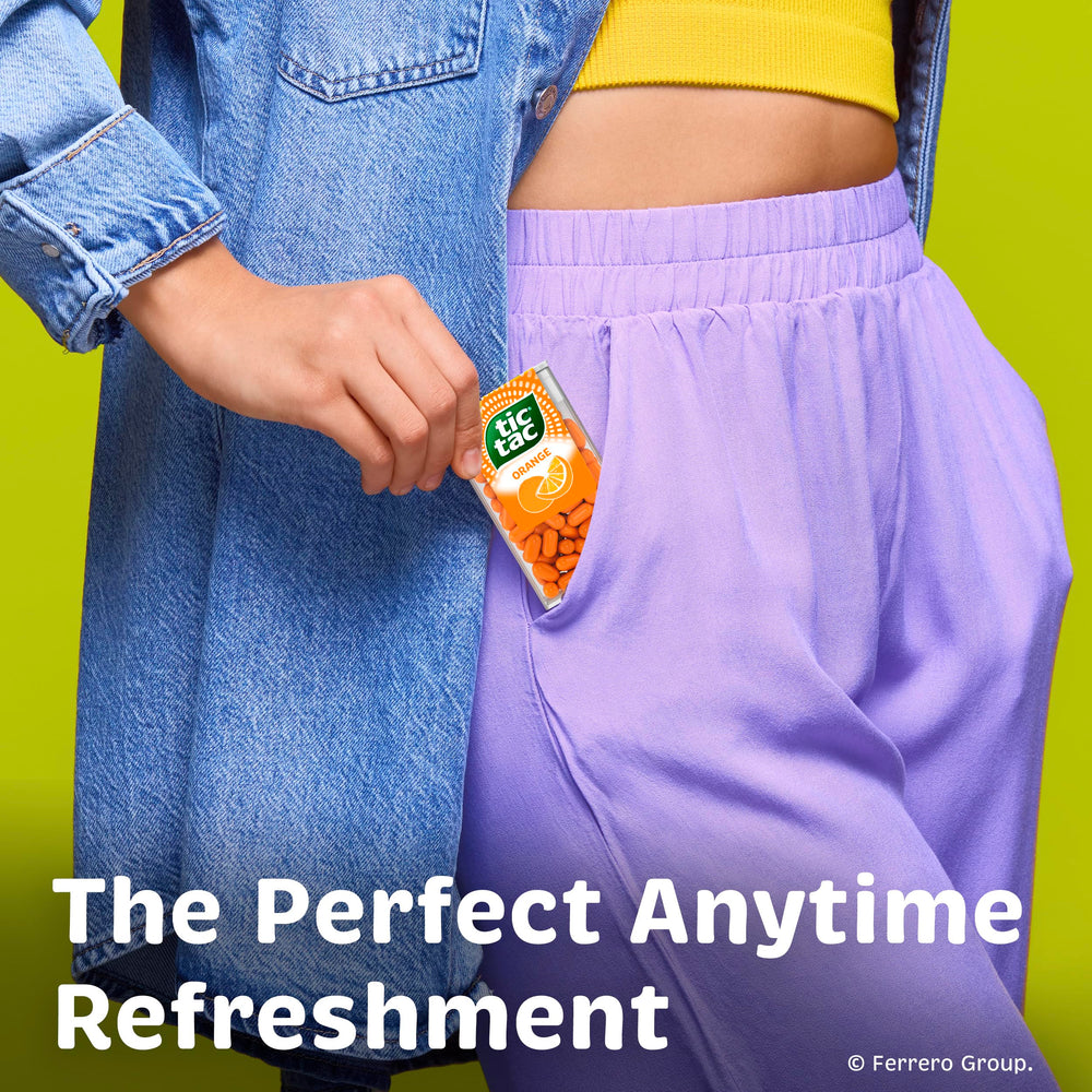Tic Tac Orange bulk bag beside the refillable 1-ounce pack