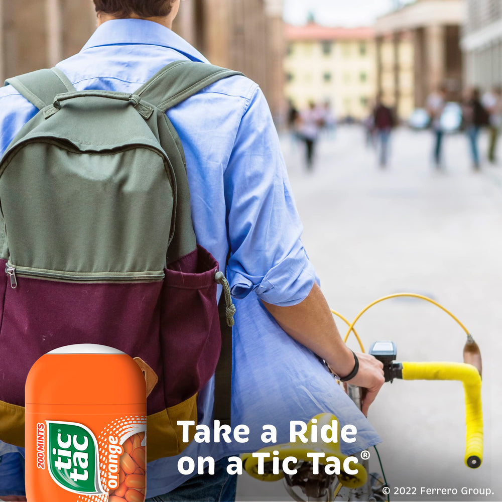 Compact orange Tic Tac bottles ideal for purse or pocket.