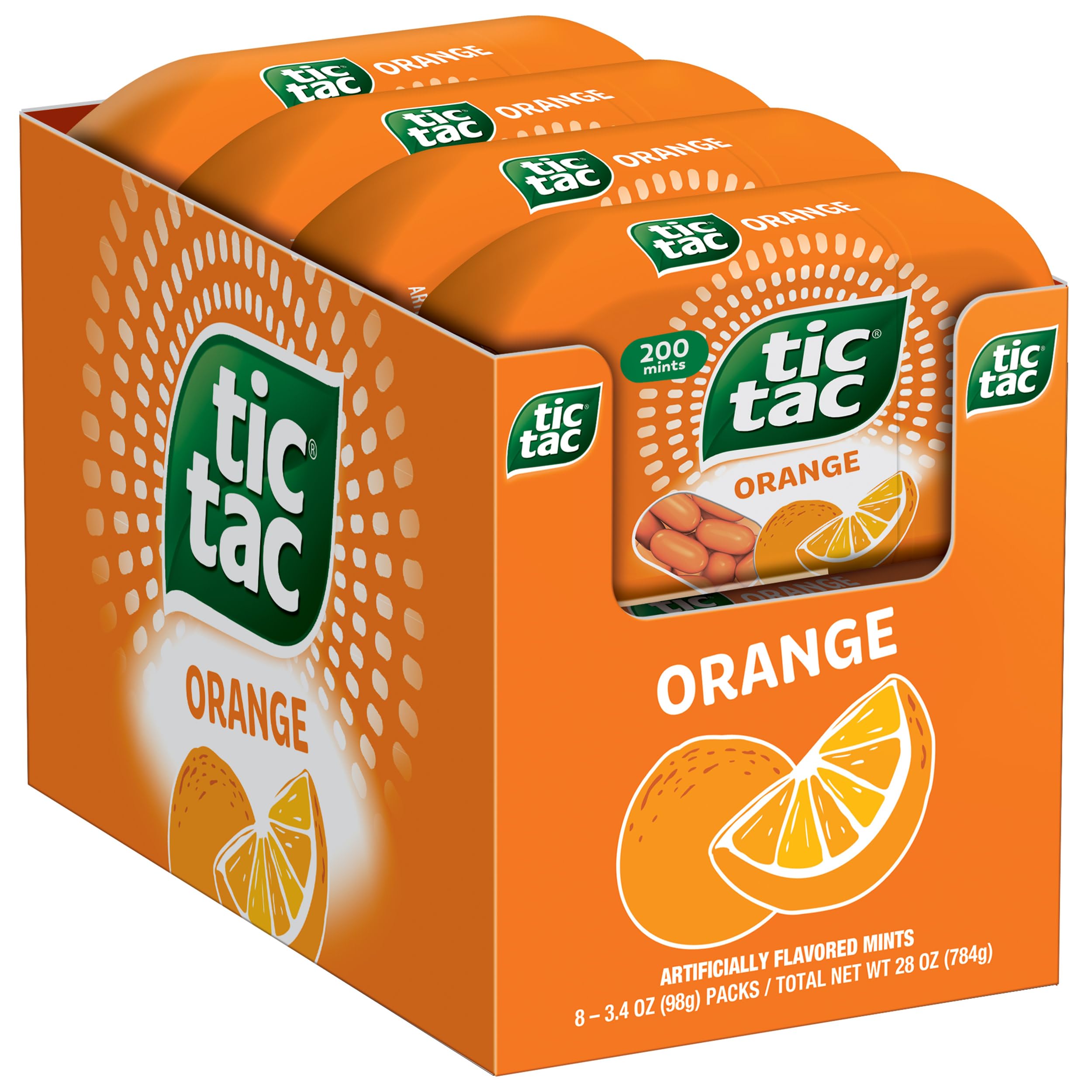 Tic Tac Orange Mints pack front view for on-the-go refreshment.
