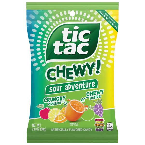Tic Tac Sour Fruit Chewy Adventure 2.8 oz bag with assorted flavors for on-the-go snacking.