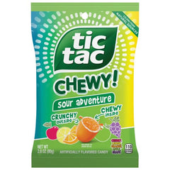 Tic Tac Sour Fruit Chewy Adventure 2.8 oz bag with assorted flavors for on-the-go snacking.