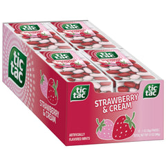 Tic Tac Strawberry & Cream mints closeup in a 1-ounce pack for portable refreshment.
