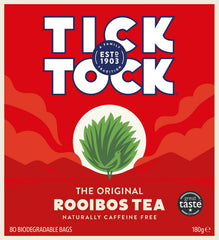 Tick Tock organic-rooibos packaging highlights premium flavor