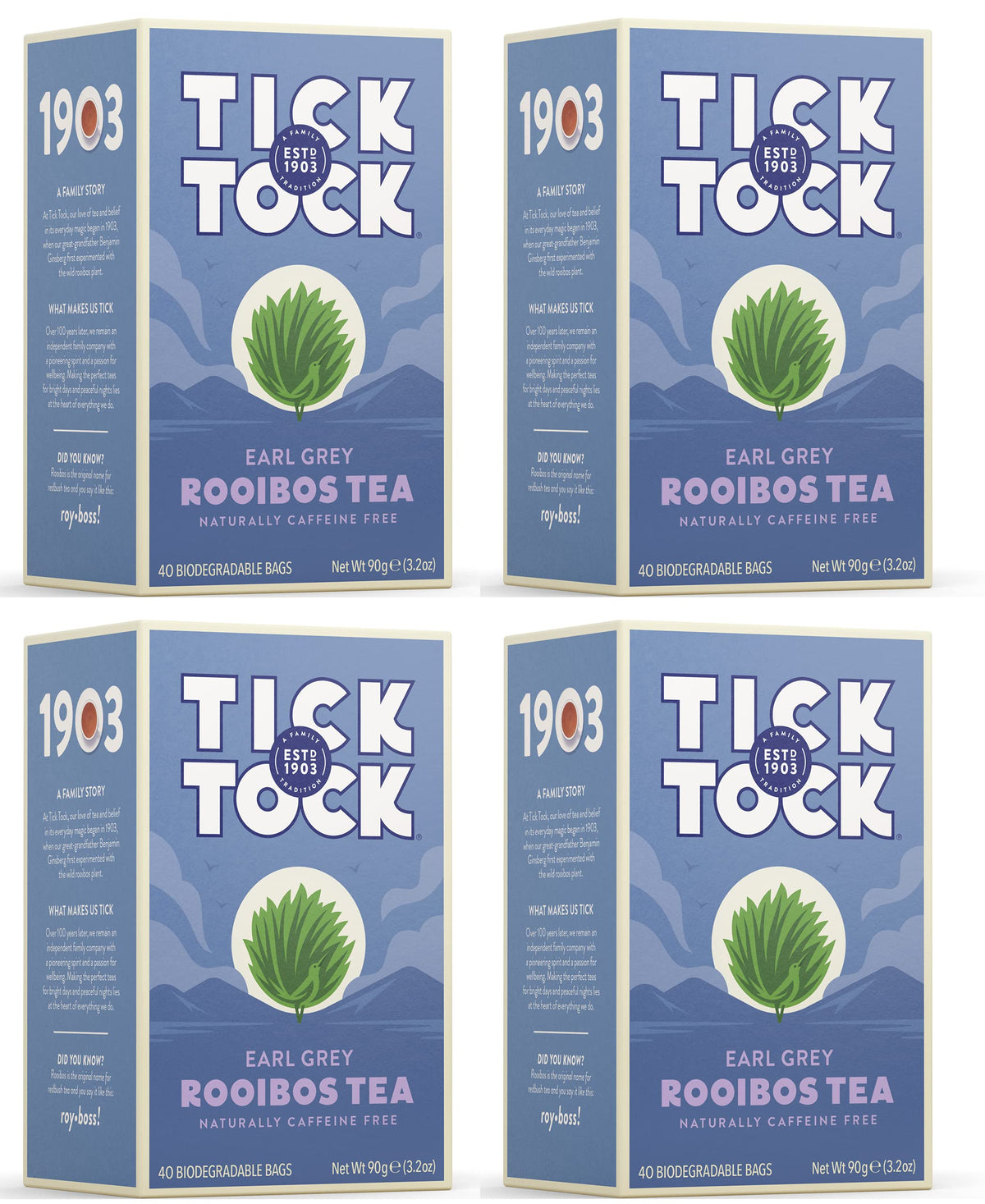 Tick Tock Teas Rooibos Earl Grey tea bags with bergamot aroma for soothing moments
