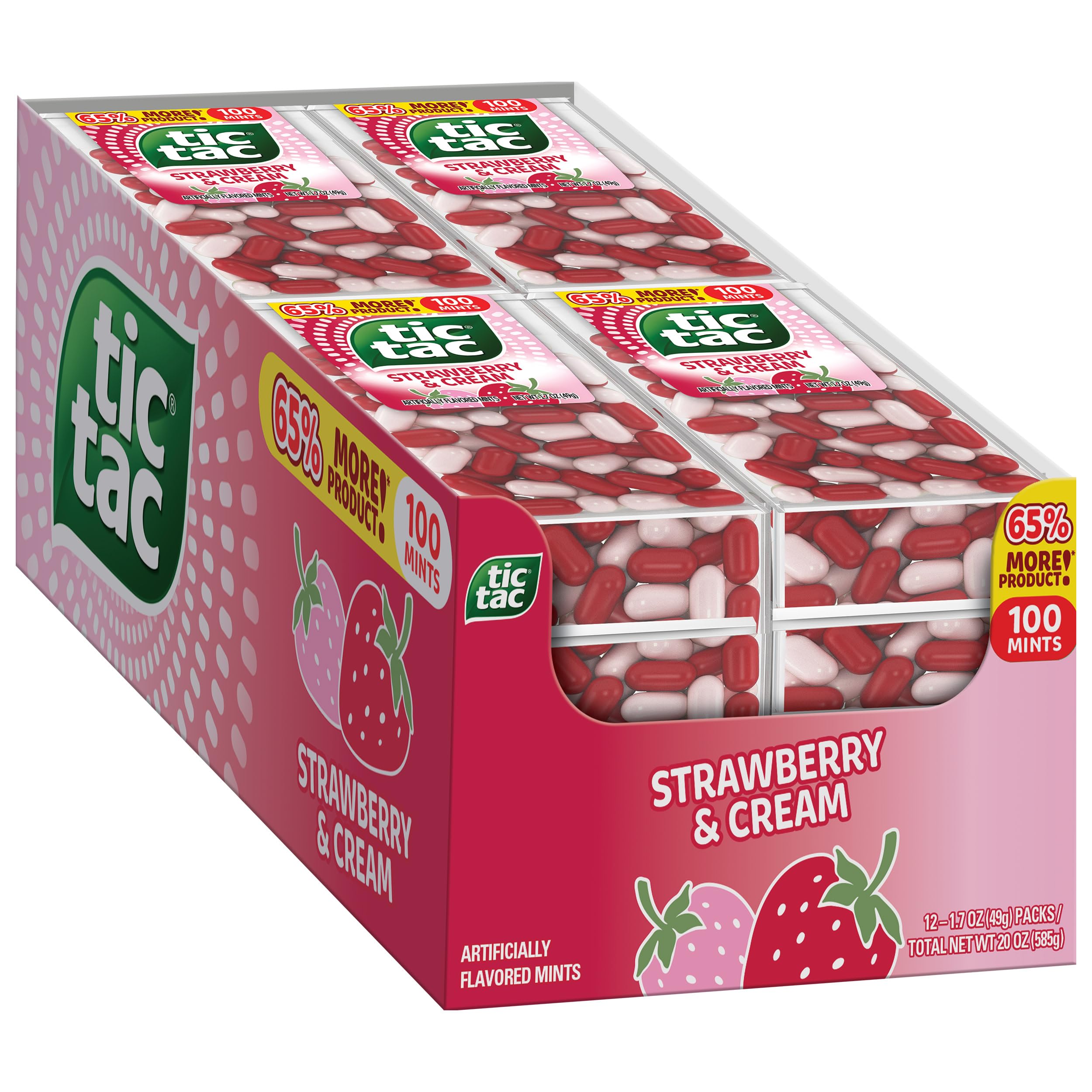 Tic Tac Strawberry & Cream pack front shows portable freshness for on-the-go moments.