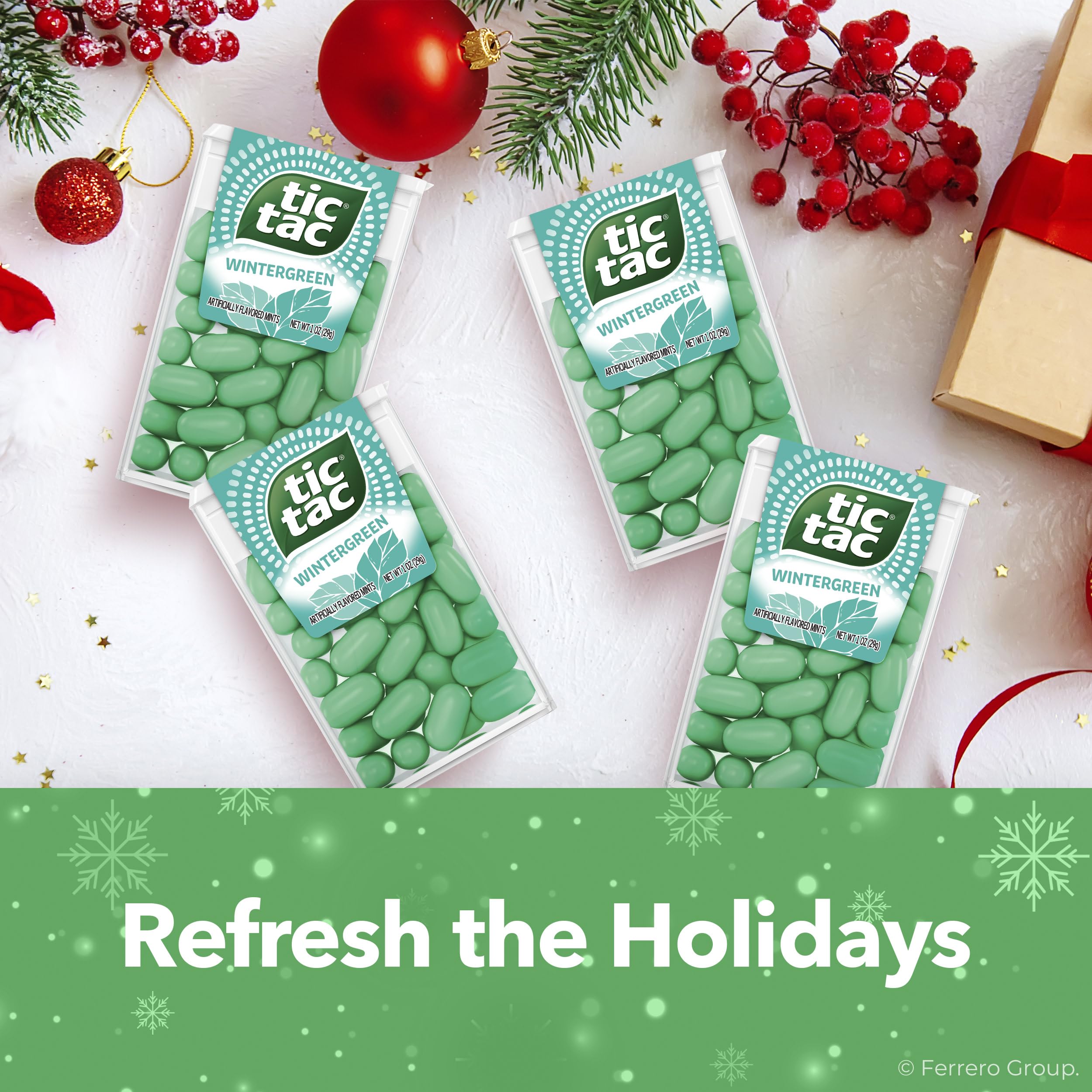 Tic Tac Wintergreen mint close-up showing layered flavor and crisp aroma.