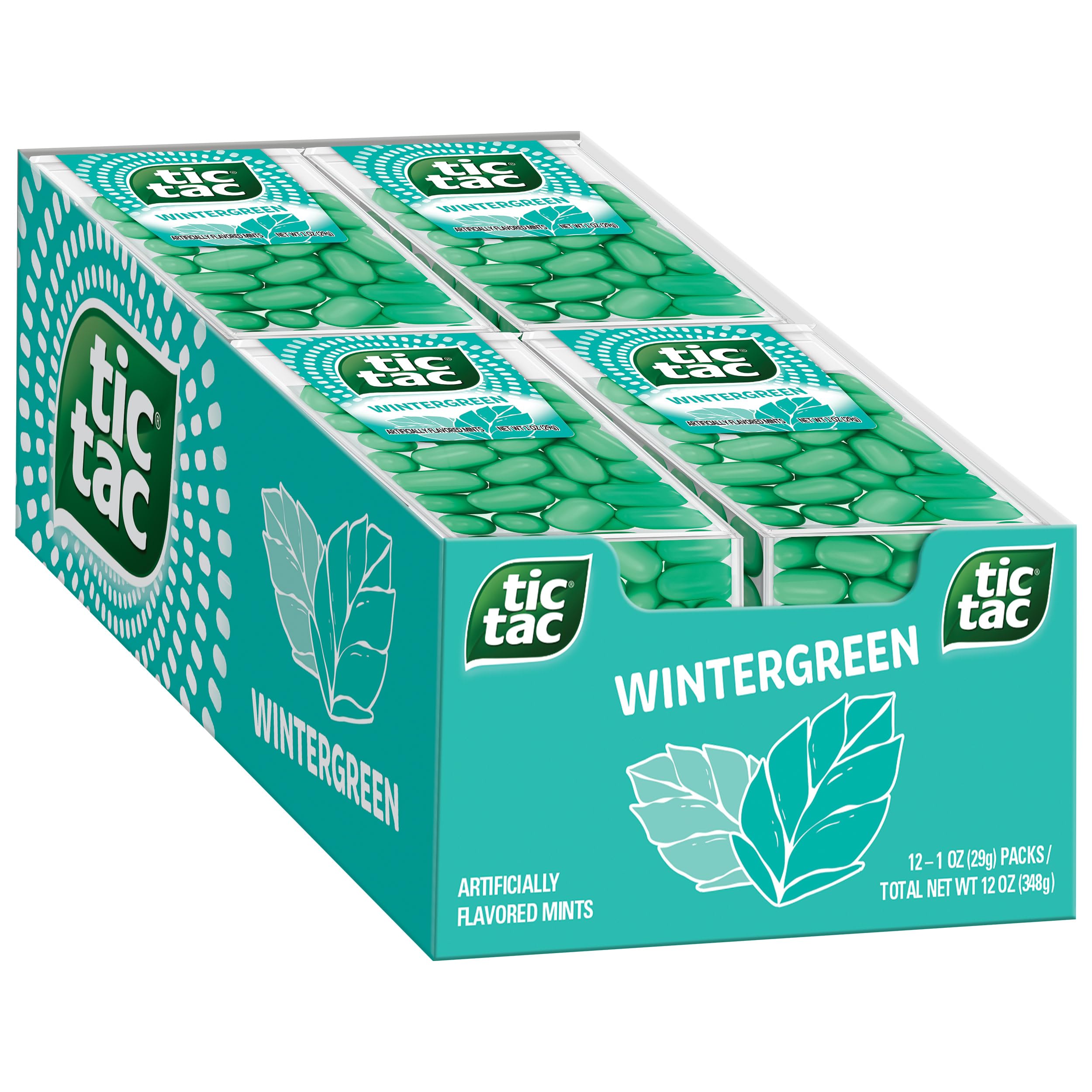 Tic Tac Wintergreen mints in a 12-pack front view for easy sharing and on-the-go refreshment.