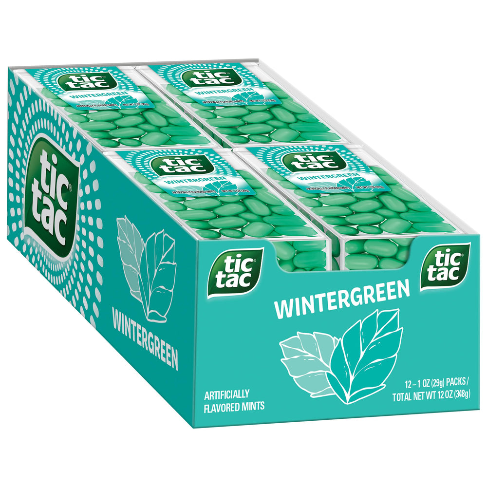 Tic Tac Wintergreen mints in a 12-pack front view for easy sharing and on-the-go refreshment.