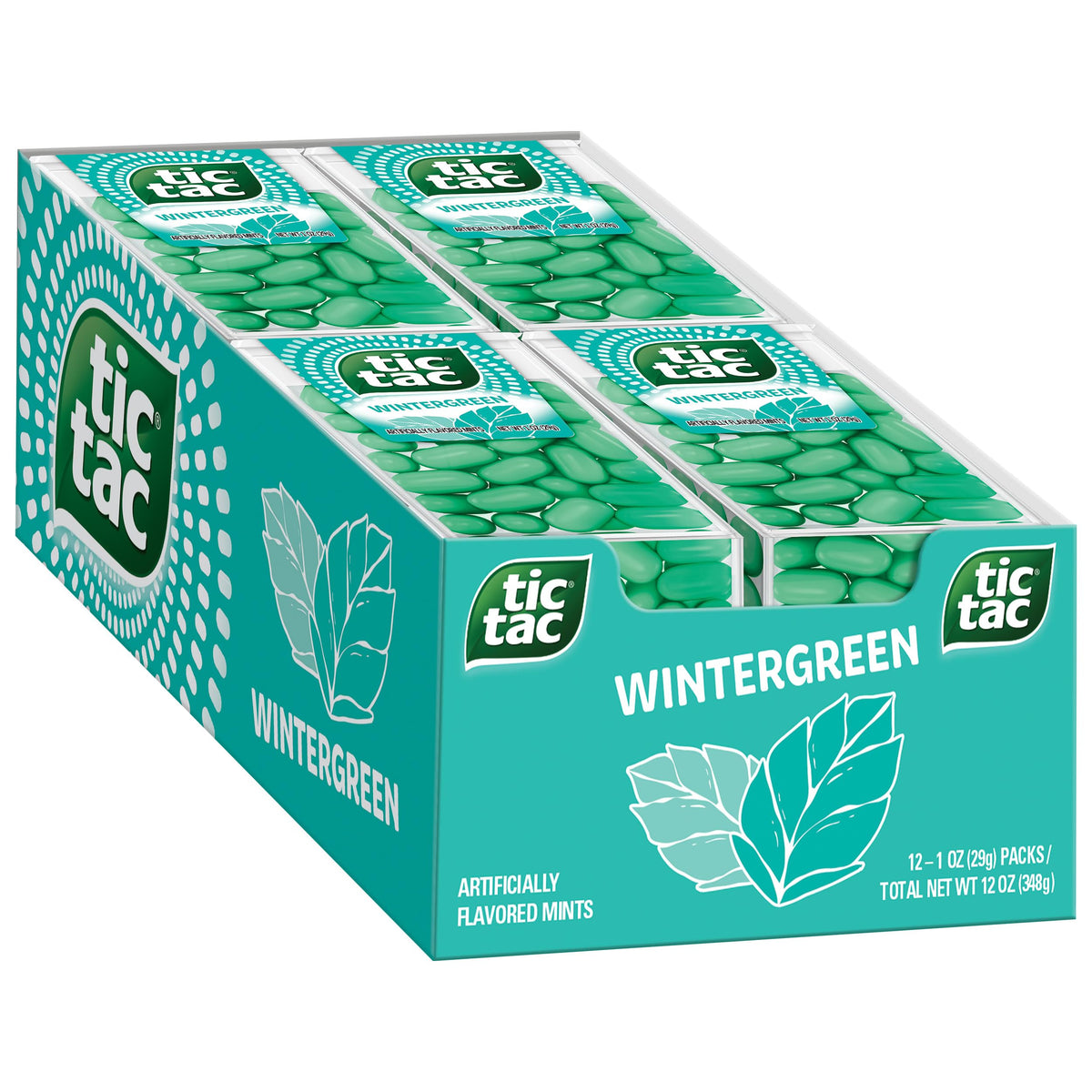 Tic Tac Wintergreen mints in a 12-pack front view for easy sharing and on-the-go refreshment.
