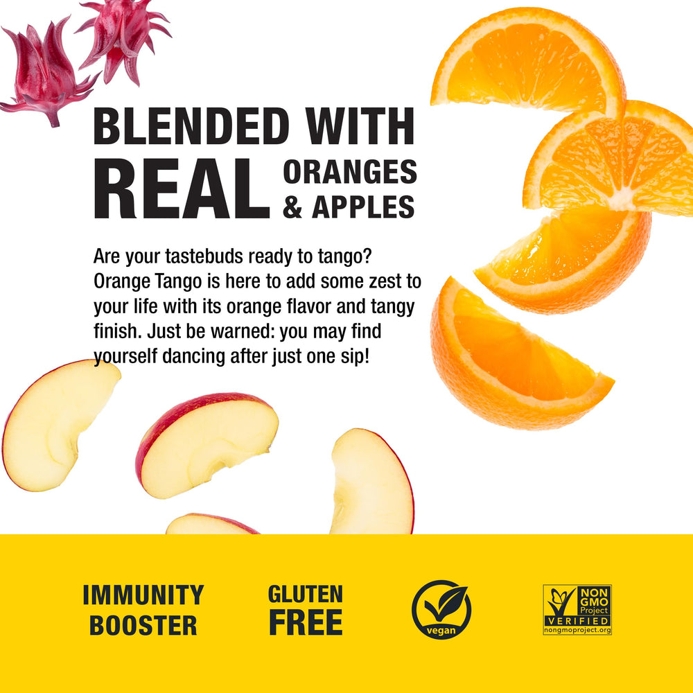 Tiesta Tea Orange Tango hibiscus blossoms image emphasizes natural fruit flavors.