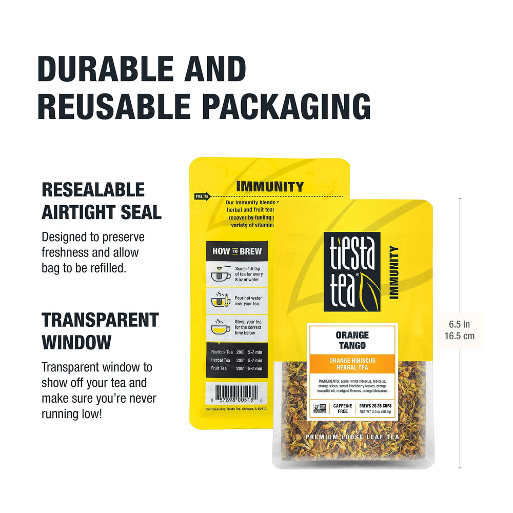 Tiesta Tea Orange Tango resealable pouch keeps tea fresh after opening.