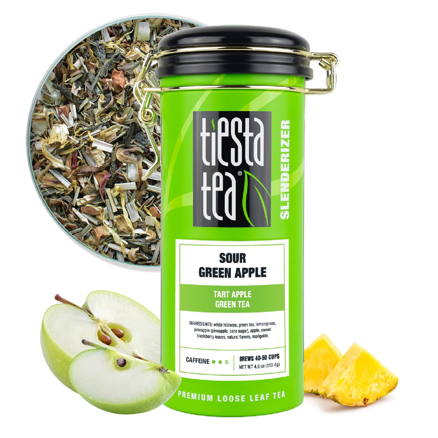 Tiesta Tea Sour Green Apple loose leaf close-up showing vibrant ingredients for a fresh brew