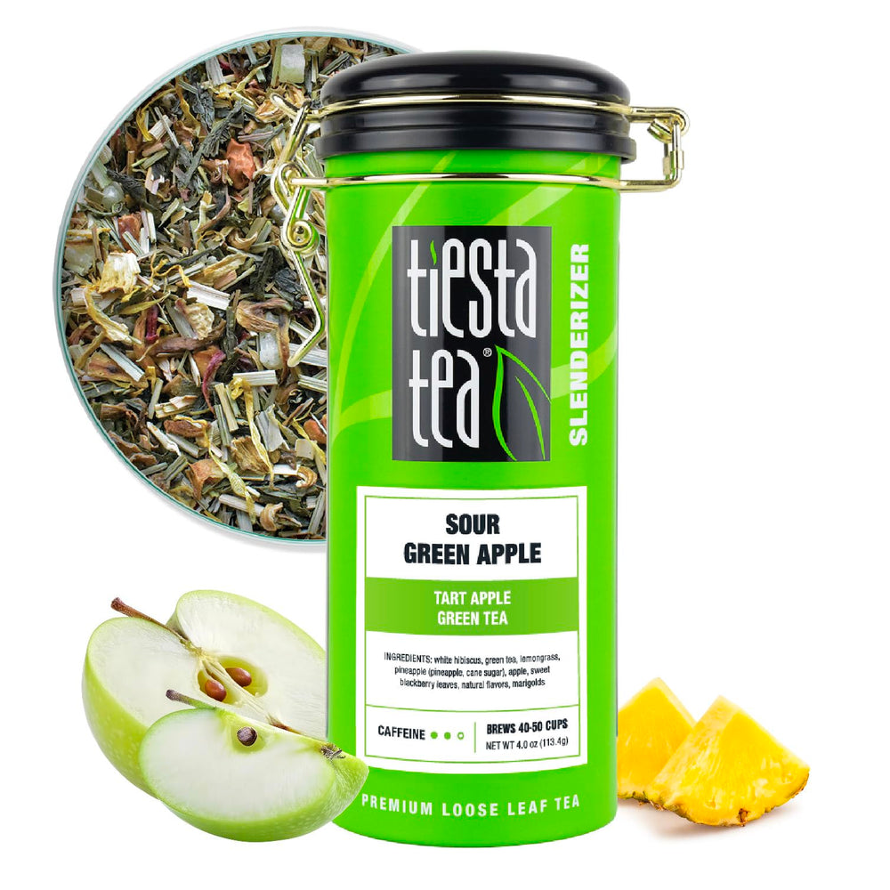 Tiesta Tea Sour Green Apple loose leaf close-up showing vibrant ingredients for a fresh brew