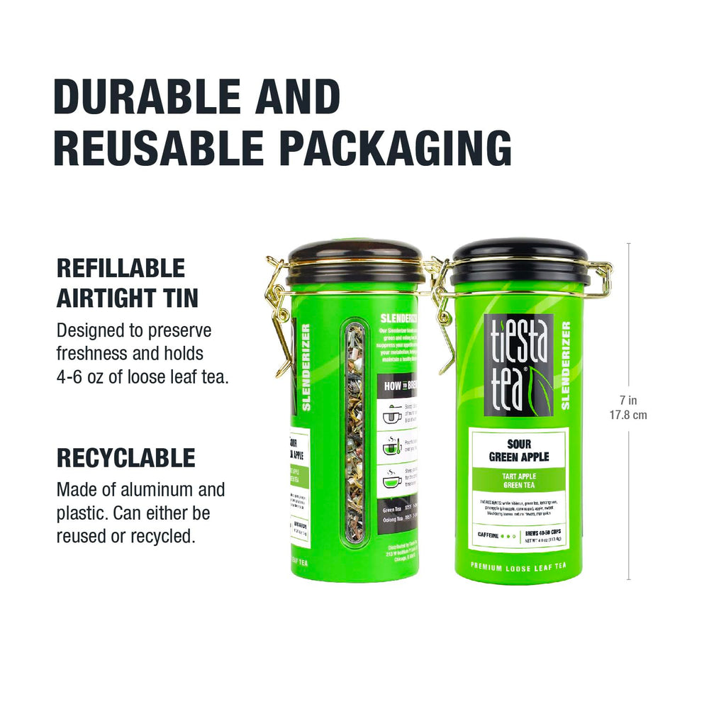 Tiesta Tea Sour Green Apple tin packaging designed for freshness and easy scooping